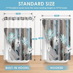 Nesphy No Hook shower curtain fits standard baths with 71x74 inch dimensions.