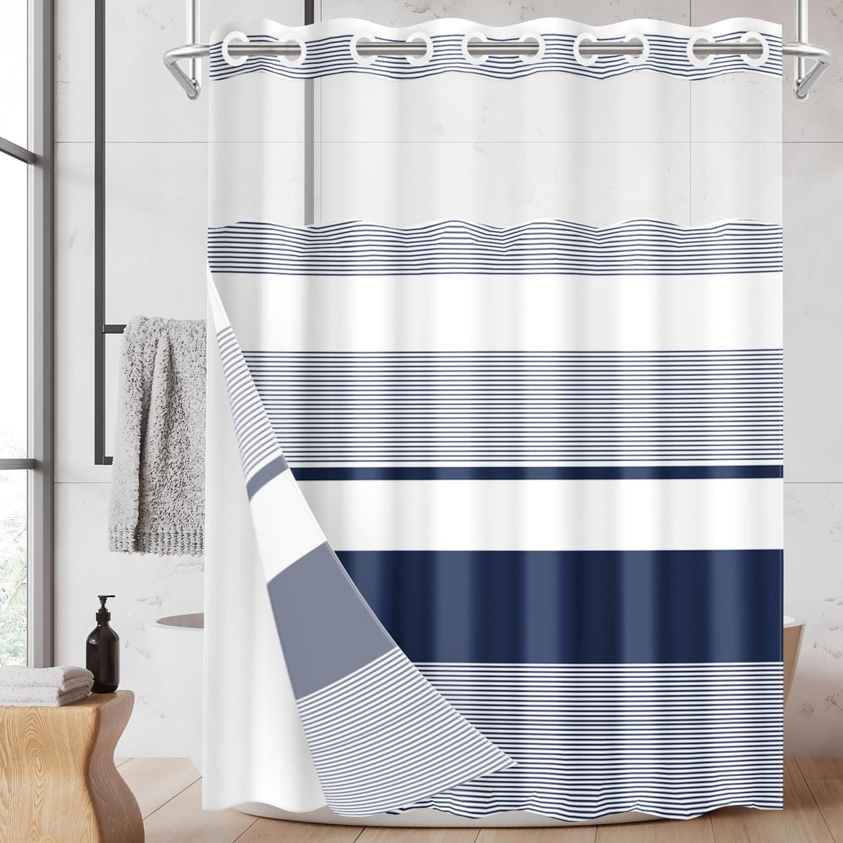 Nesphy navy blue curtain with top window for light and privacy in a modern bath.