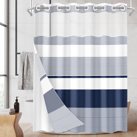 Nesphy navy blue curtain with top window for light and privacy in a modern bath.