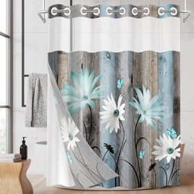 Nesphy No Hook rustic farmhouse shower curtain with teal daisies and butterflies enhances bathroom decor.
