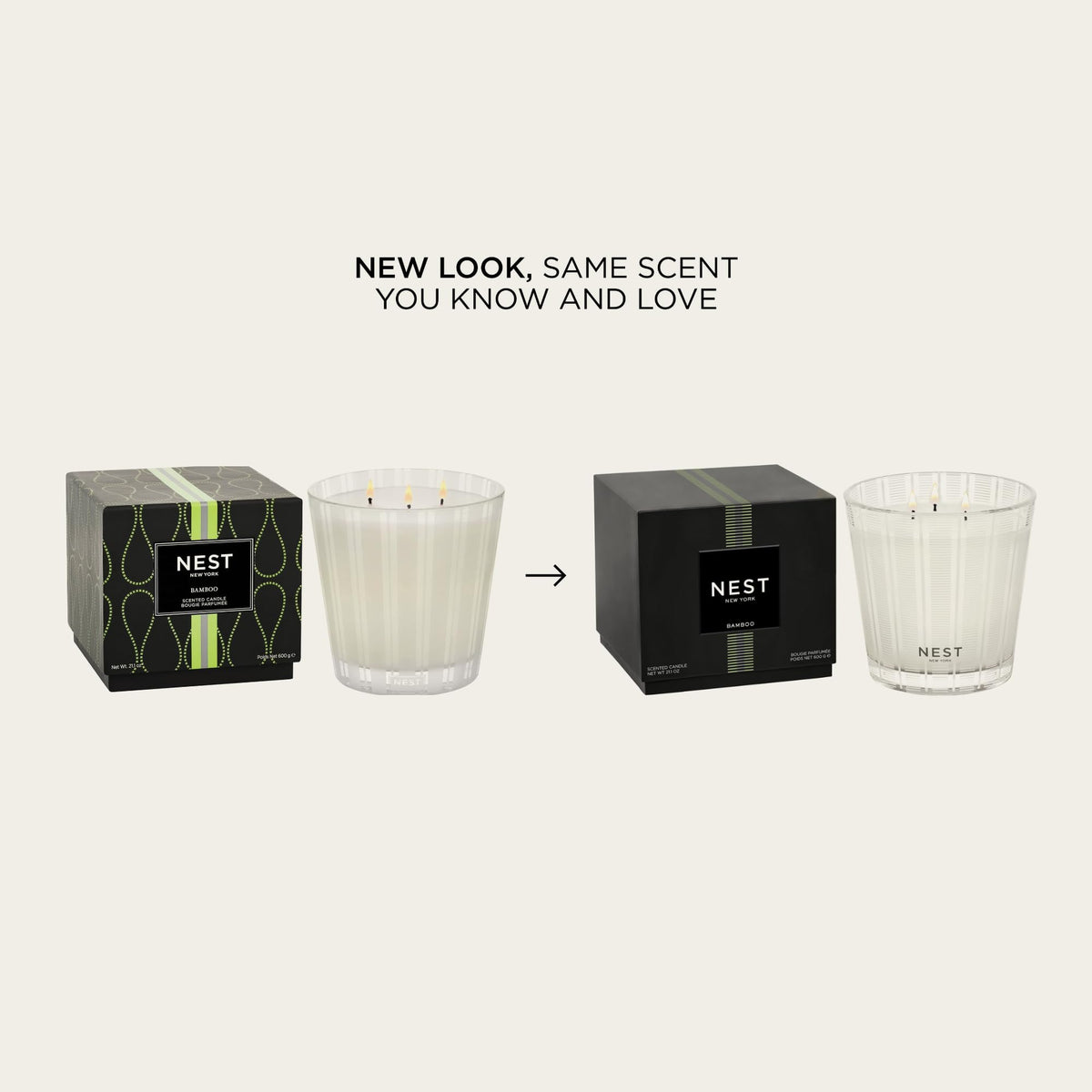 Nest New York Bamboo 3-Wick Candle with frosted stripes adds elegant decor and scent.