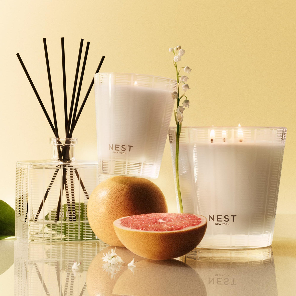 Nest New York Grapefruit candle reusable glass vessel doubles as décor.