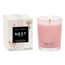 NEST New York Himalayan Salt and Rosewater votive in a glass vessel with calming, long-lasting scent