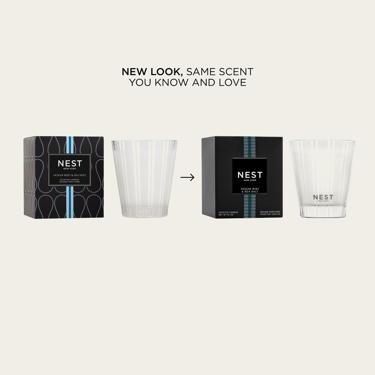 NEST New York Ocean Mist & Sea Salt candle with frosted striped glass enhances modern decor