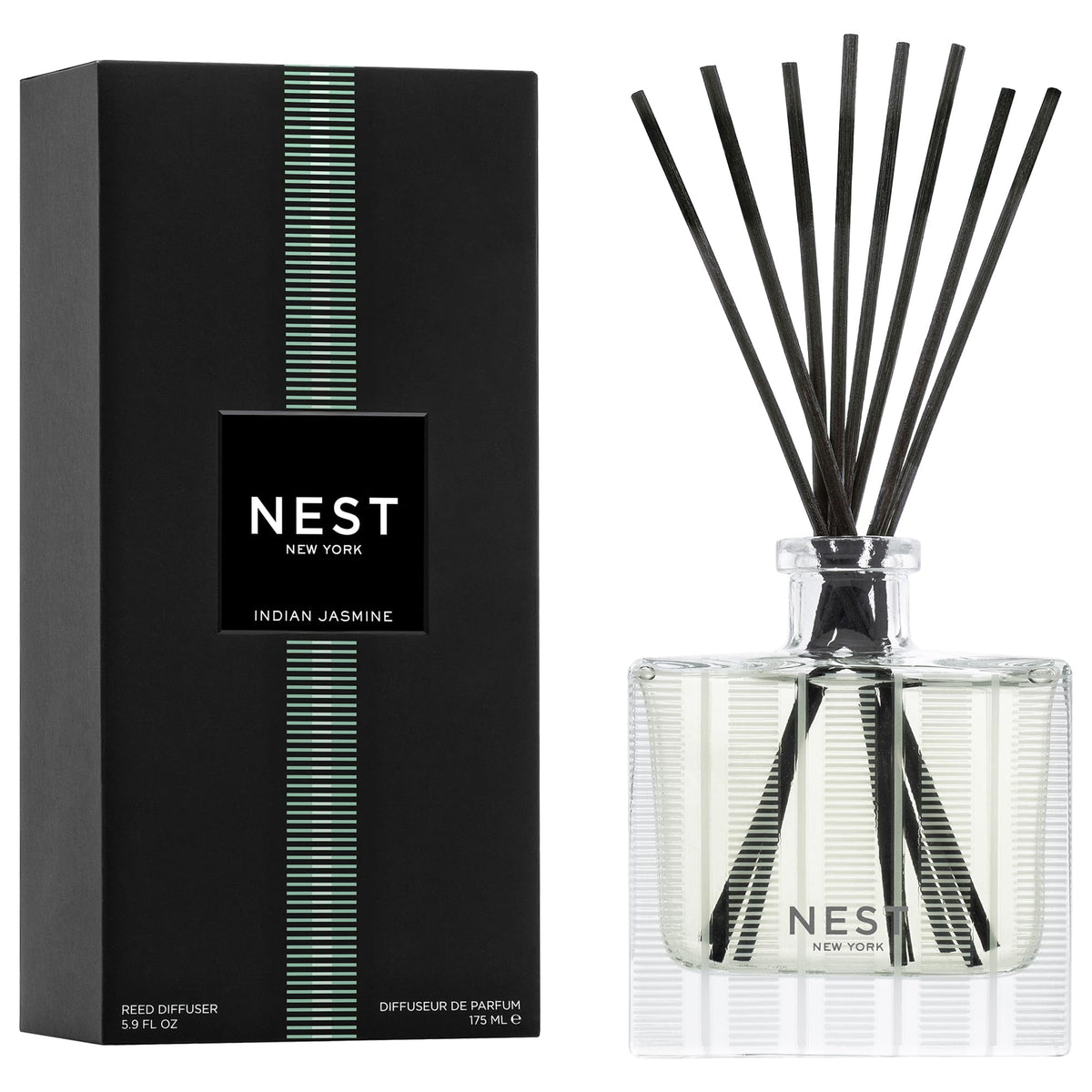 Nest New York Indian Jasmine reed diffuser in glass vessel delivering long-lasting floral aroma