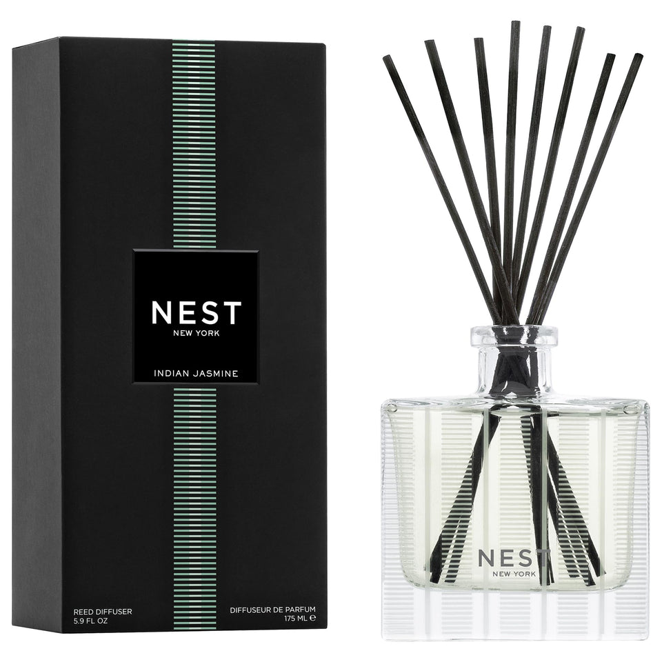 Nest New York Indian Jasmine reed diffuser in glass vessel delivering long-lasting floral aroma