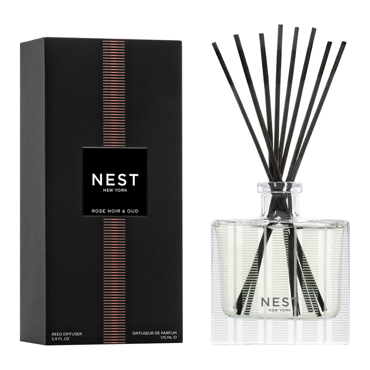 Nest New York Rose Noir Oud diffuser in a glass holder delivering long lasting aroma