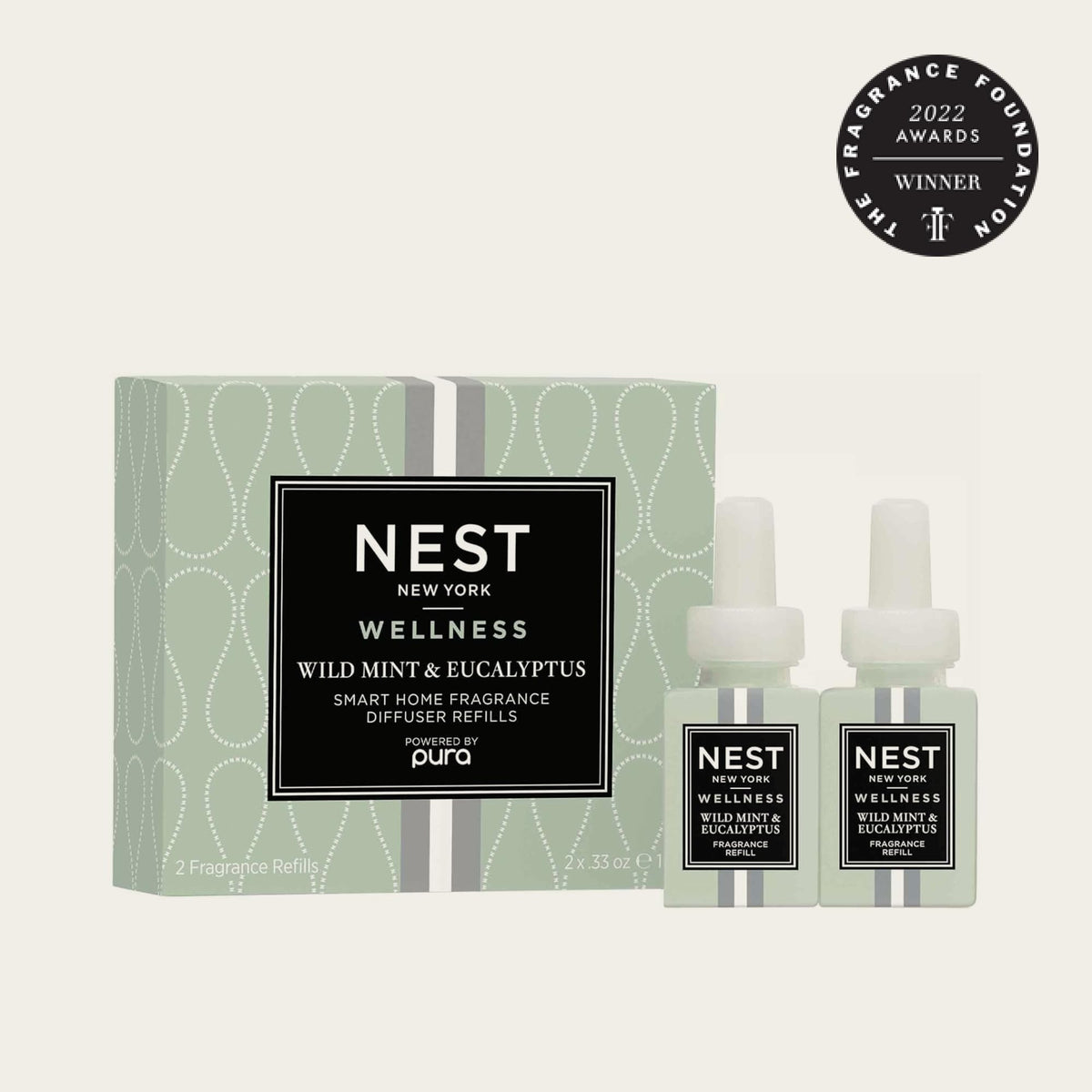Nest New York Wild Mint and Eucalyptus refill vial for NEST x Pura 4 diffusers, enabling scent transitions.