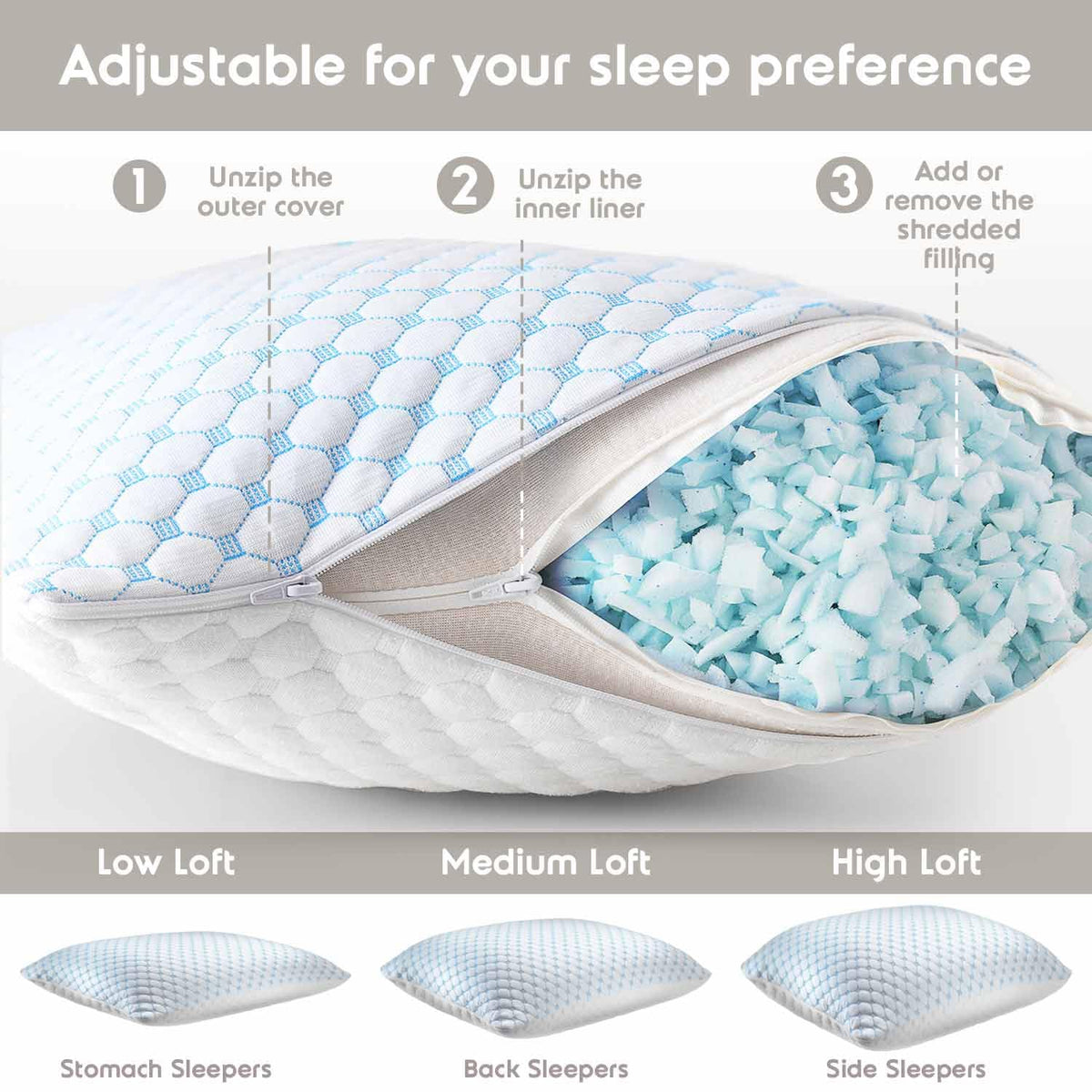 Nestl memory foam fill adapts to you for personalized support in any sleep position.