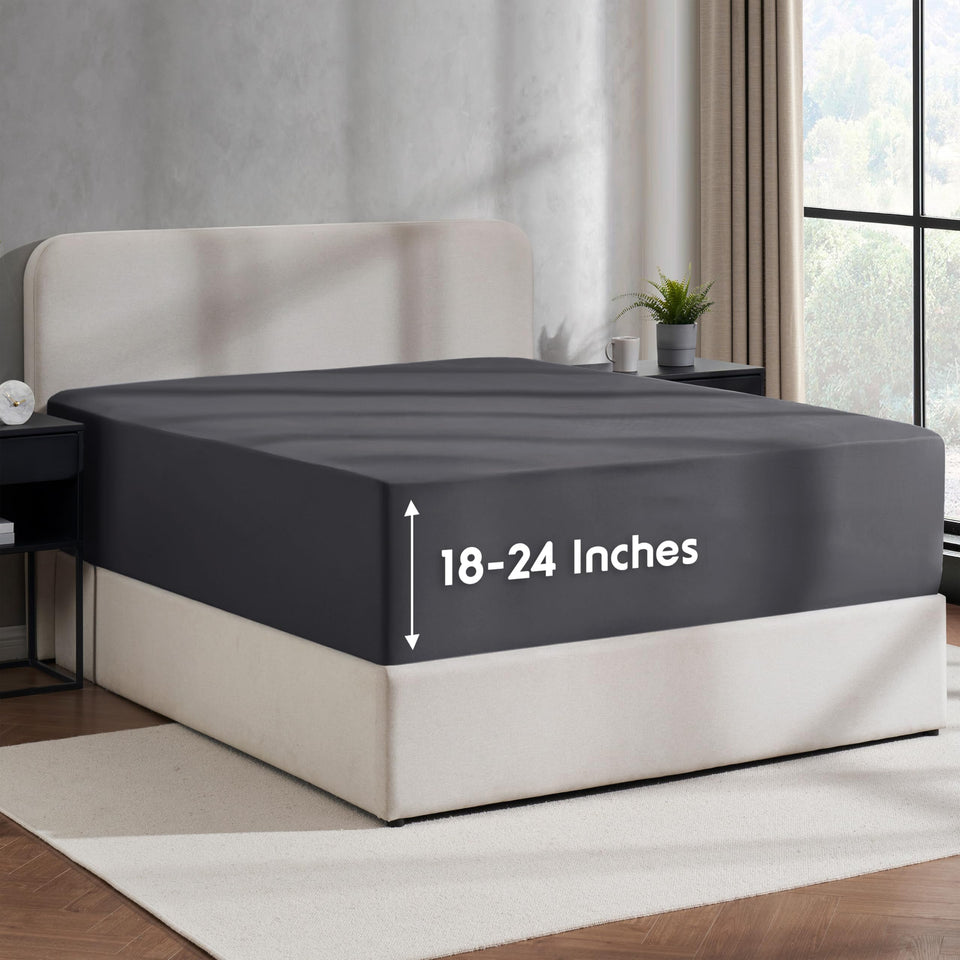 Nestl dark grey king fitted sheet flat lay showing deep-pocket fit for tall mattresses