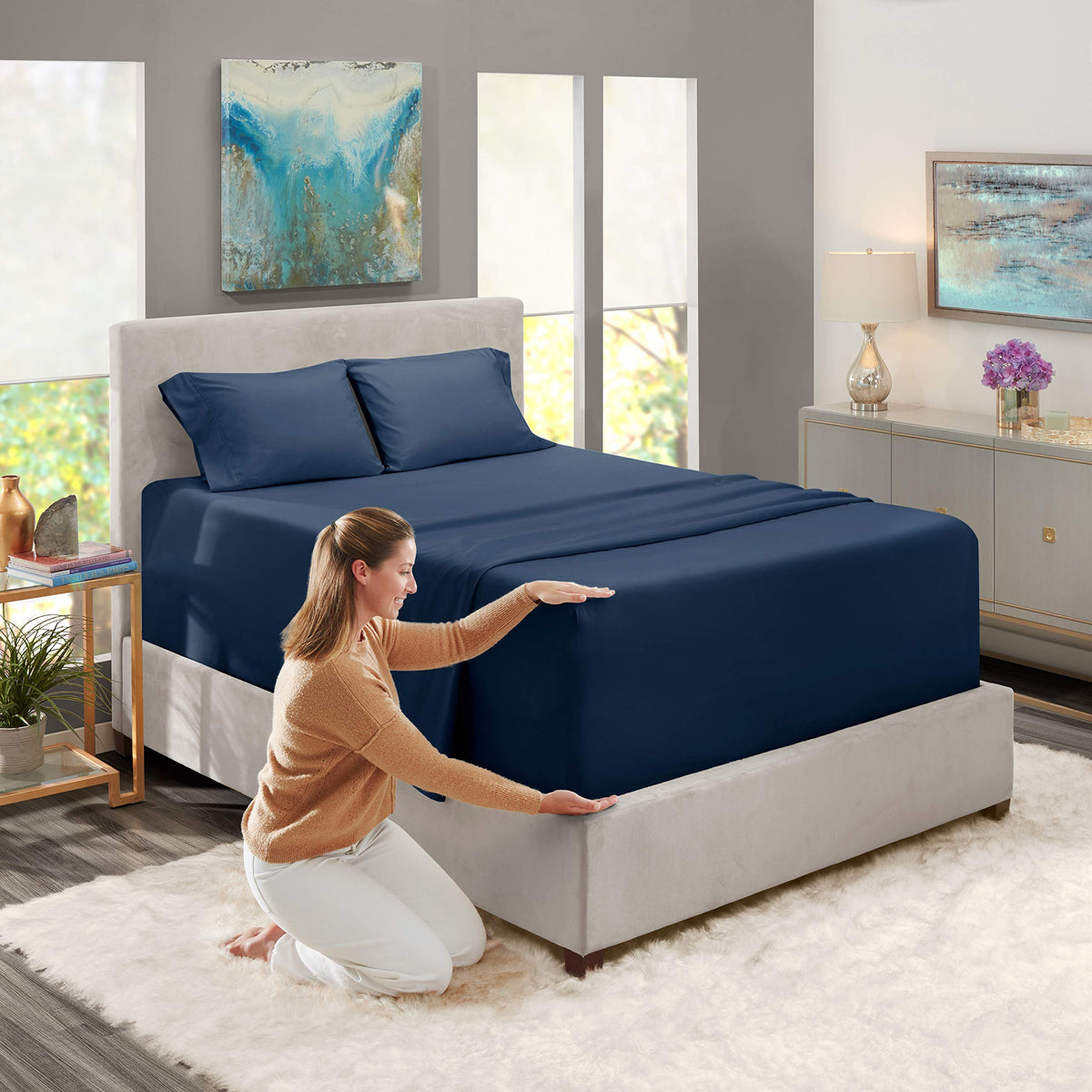 Nestl King Size Sheet Set fitted sheet with extra deep pockets fits tall mattresses.