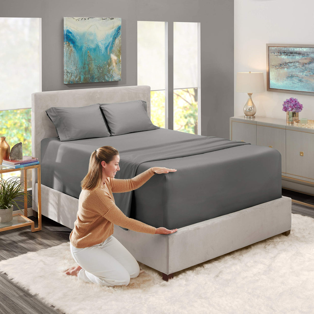 Nestl queen size sheet set with deep-pocket fits 18–24 inch mattresses securely