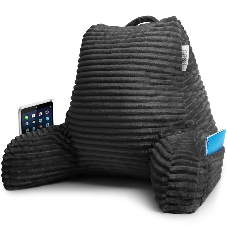 Nestl reading pillow backrest with shredded memory foam supports your posture while reading in bed.