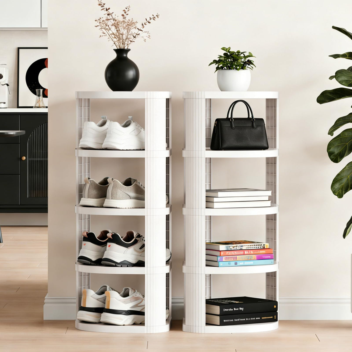 NestOrganix free-standing shoe tower fits neatly in a hallway corner.