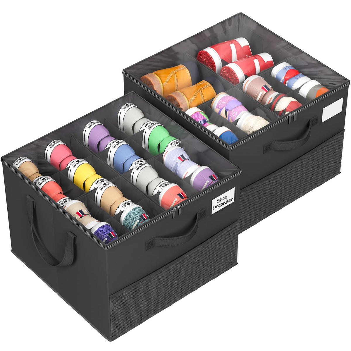 NestOrganix two-pack shoe organizer shows large capacity for many shoes