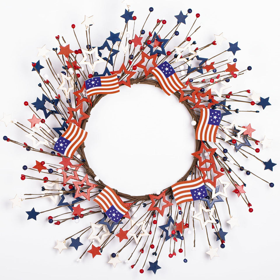 NestSprout Independence Day Wreath with wooden star centerpiece enhances front door curb appeal.