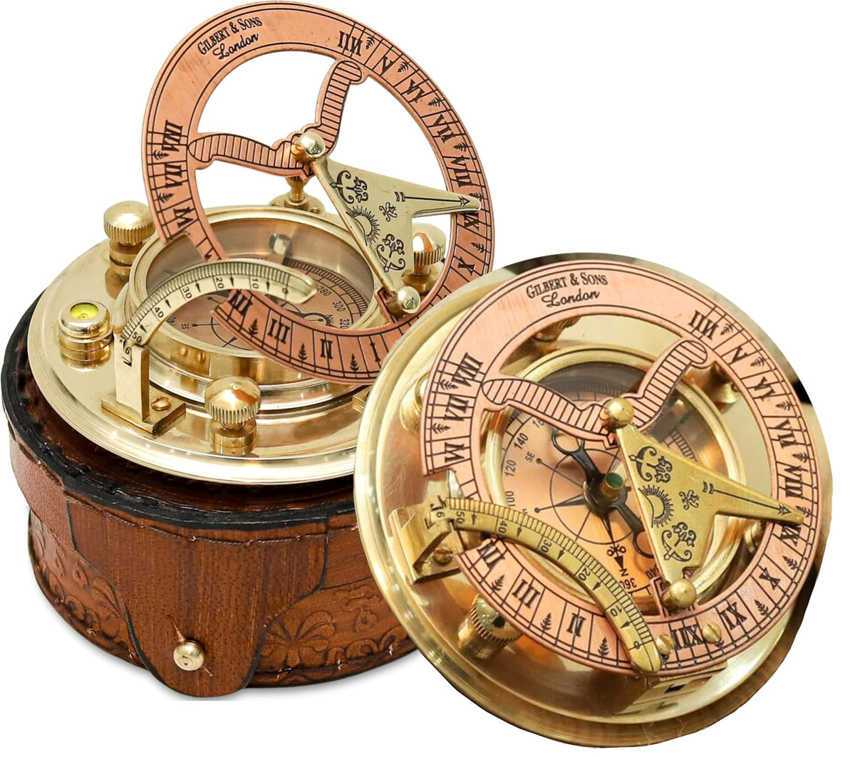 NETAEX brass sundial compass in a leather box, portable nautical navigation piece.