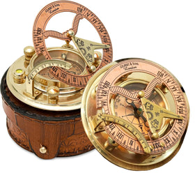 NETAEX brass sundial compass in a leather box, portable nautical navigation piece.