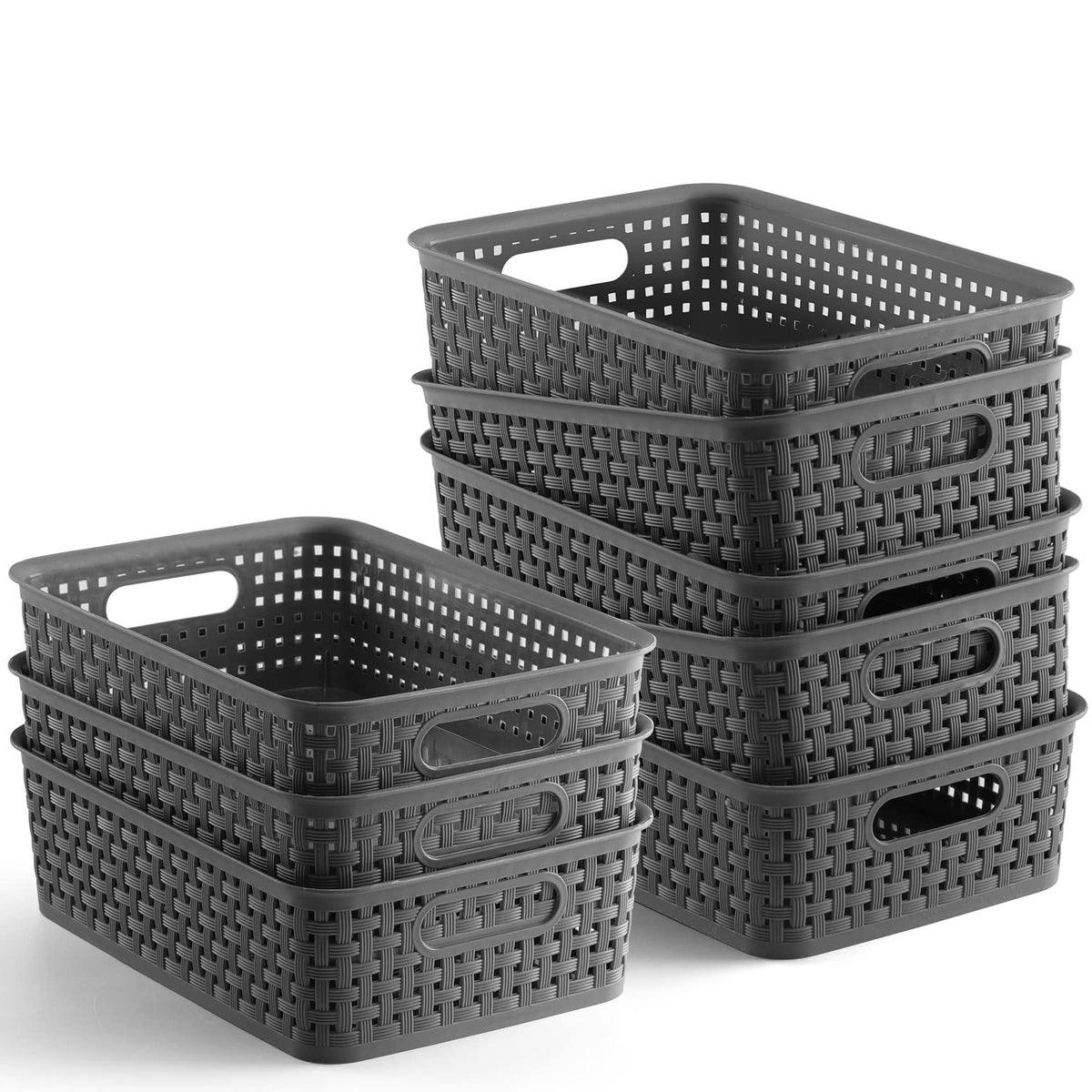 NETANY 8-pack gray baskets on a shelf providing organized storage and easy access.