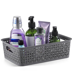 NETANY baskets with hollow handles simplify moving and rearranging in pantry or closet.