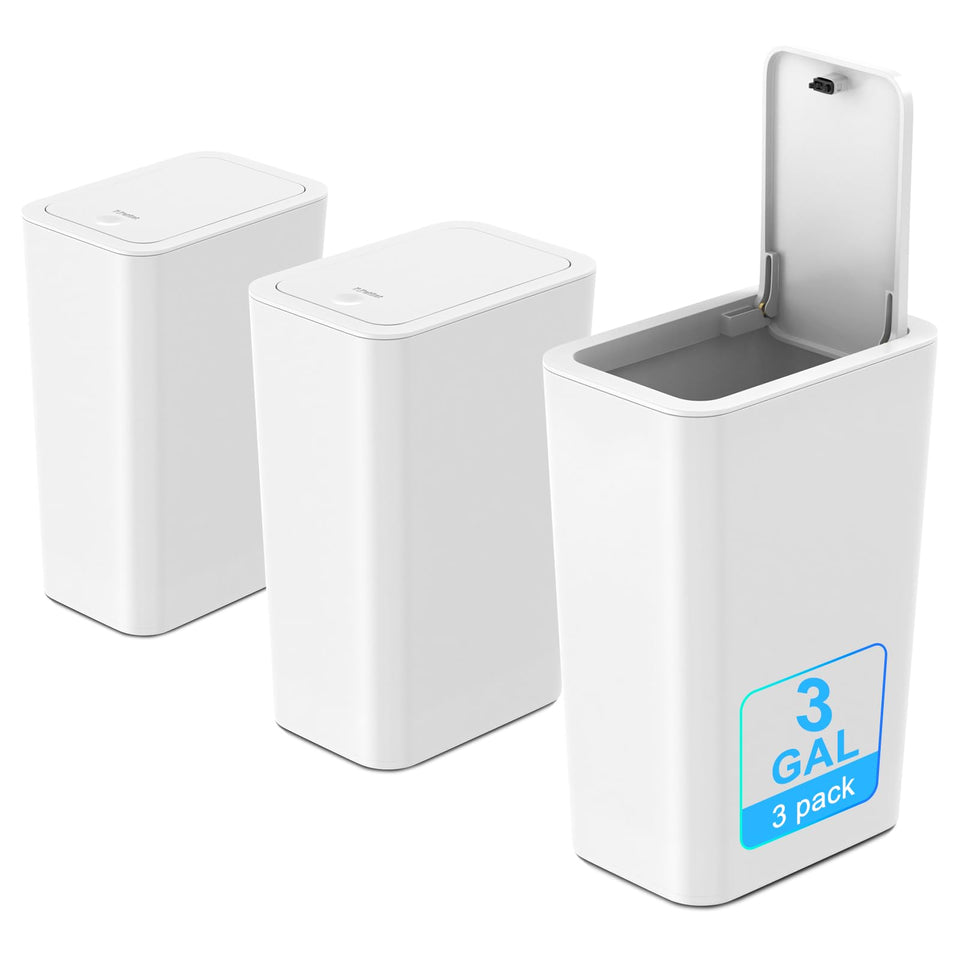 N. NETDOT 3-gallon trash can with pop-up lid keeps waste accessible.