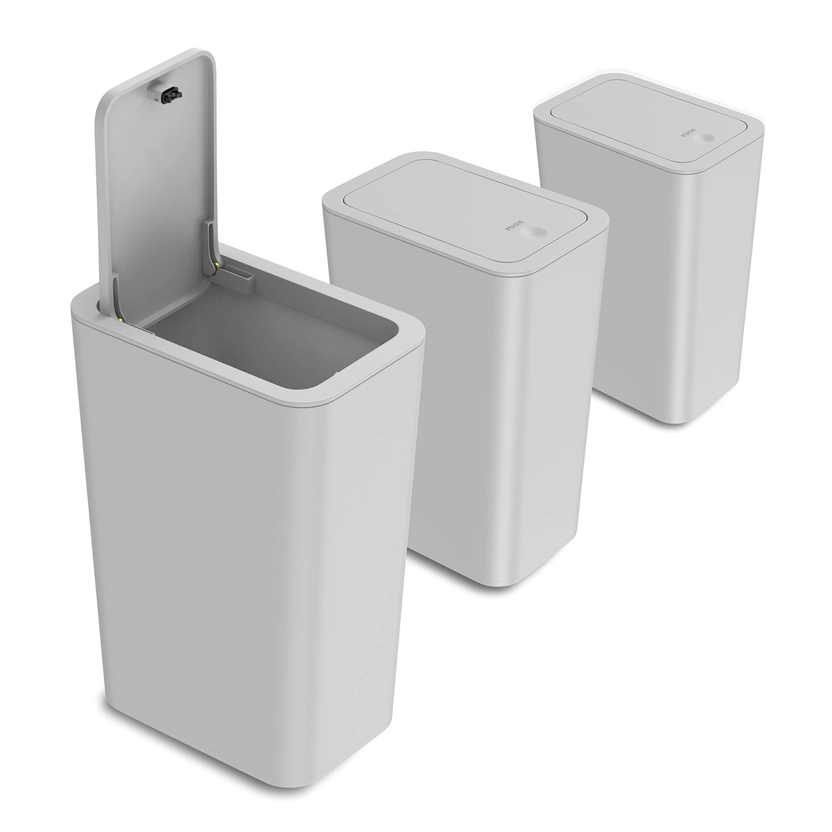 N. NETDOT 3-pack gray trash can front view saving space in tight spots