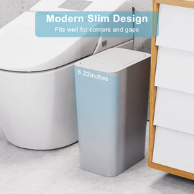 N. NETDOT gray trash can with lid button close-up for easy access