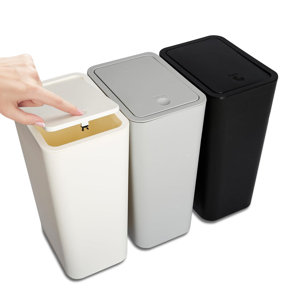 N. NETDOT three-pack slim trash cans for compact spaces.