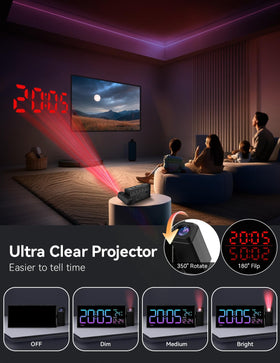Netzu Projection Clock four-in-one display shows time, temperature, date, and weekday.