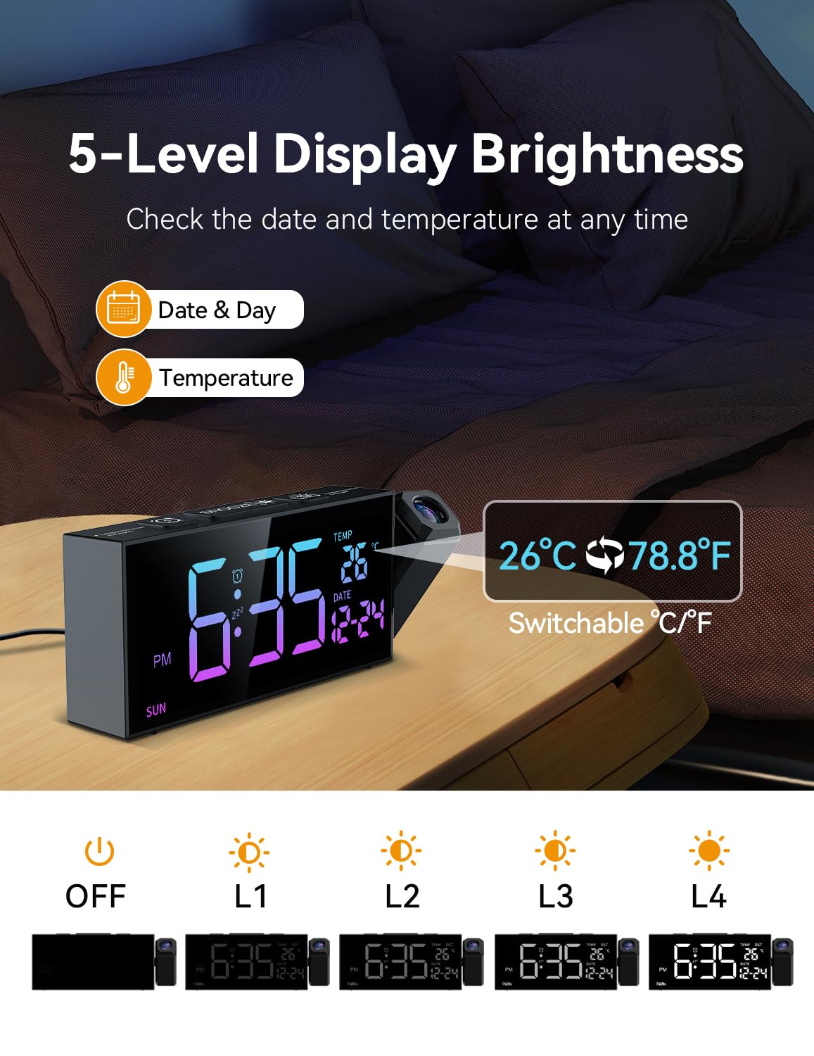 Netzu Projection Clock ten alarm tones offer flexible wake-up options.