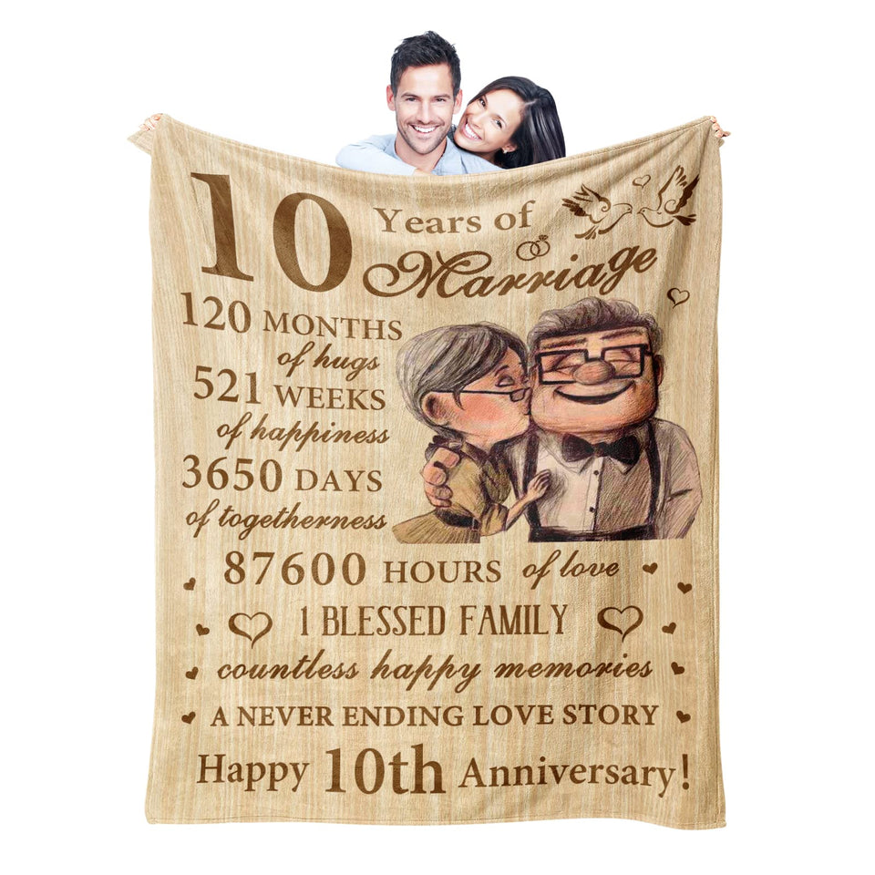 Neuturs 10th anniversary blanket design showcases celebratory print for couples.