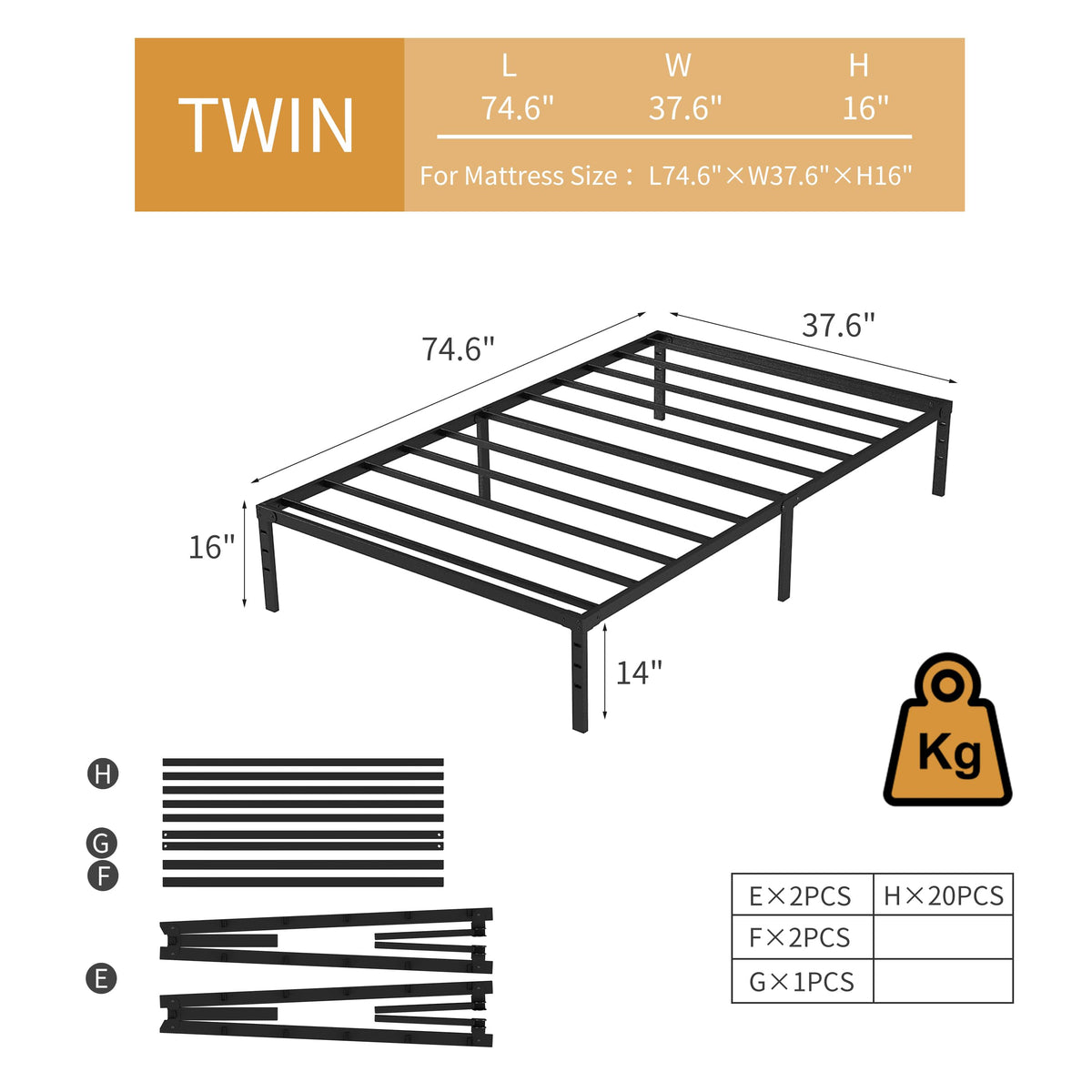 NEW JETO heavy-duty twin bed frame provides durable nightly support