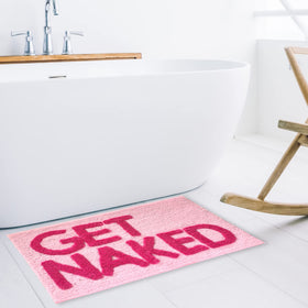 New Mungo Get Naked pink bath mat with raised plush letters for texture
