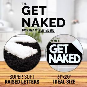 New Mungo Get Naked bath mat with white letters adds humor and absorbs water to keep floors dry.