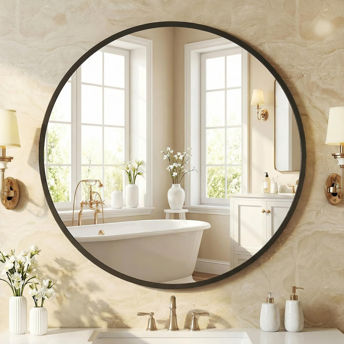 NEWBULIG 30-inch round mirror with tempered glass delivers clear, distortion-free reflections.