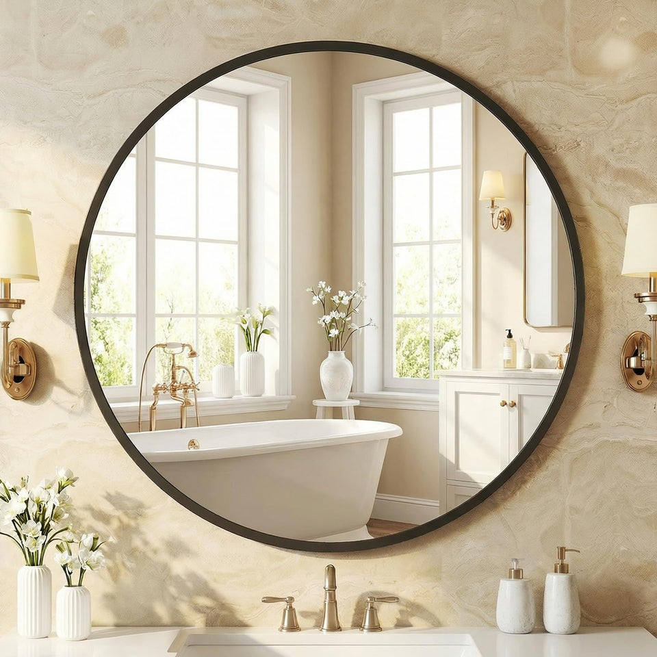 NEWBULIG 30-inch round mirror with tempered glass delivers clear, distortion-free reflections.