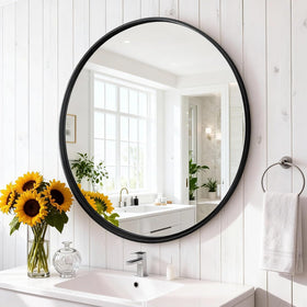 NEWBULIG round bathroom mirror 20-inch offers clear reflections with a sleek black frame.
