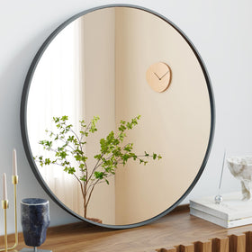 NEWBULIG round bathroom mirror 30-inch black frame provides crisp reflections.