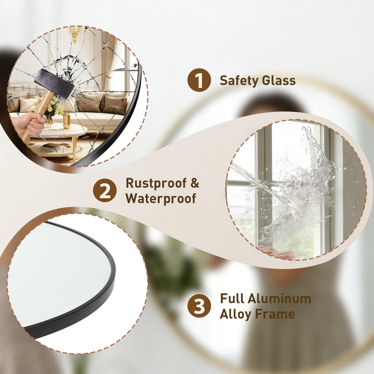 NEWBULIG round mirror includes easy-hang hardware for quick setup.