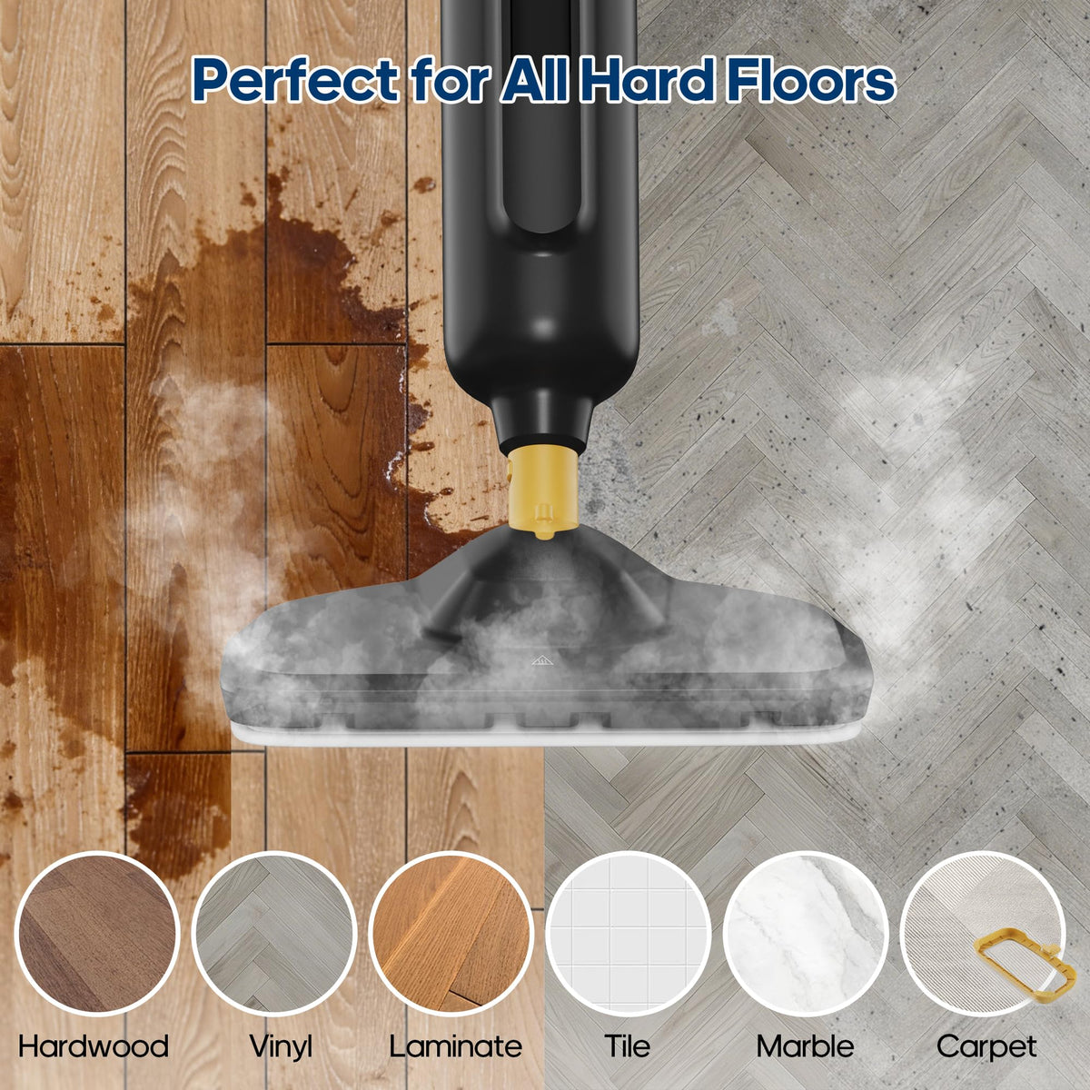 NEWBULIG Steam Mop with 180-degree swivel head for easy under-furniture access.