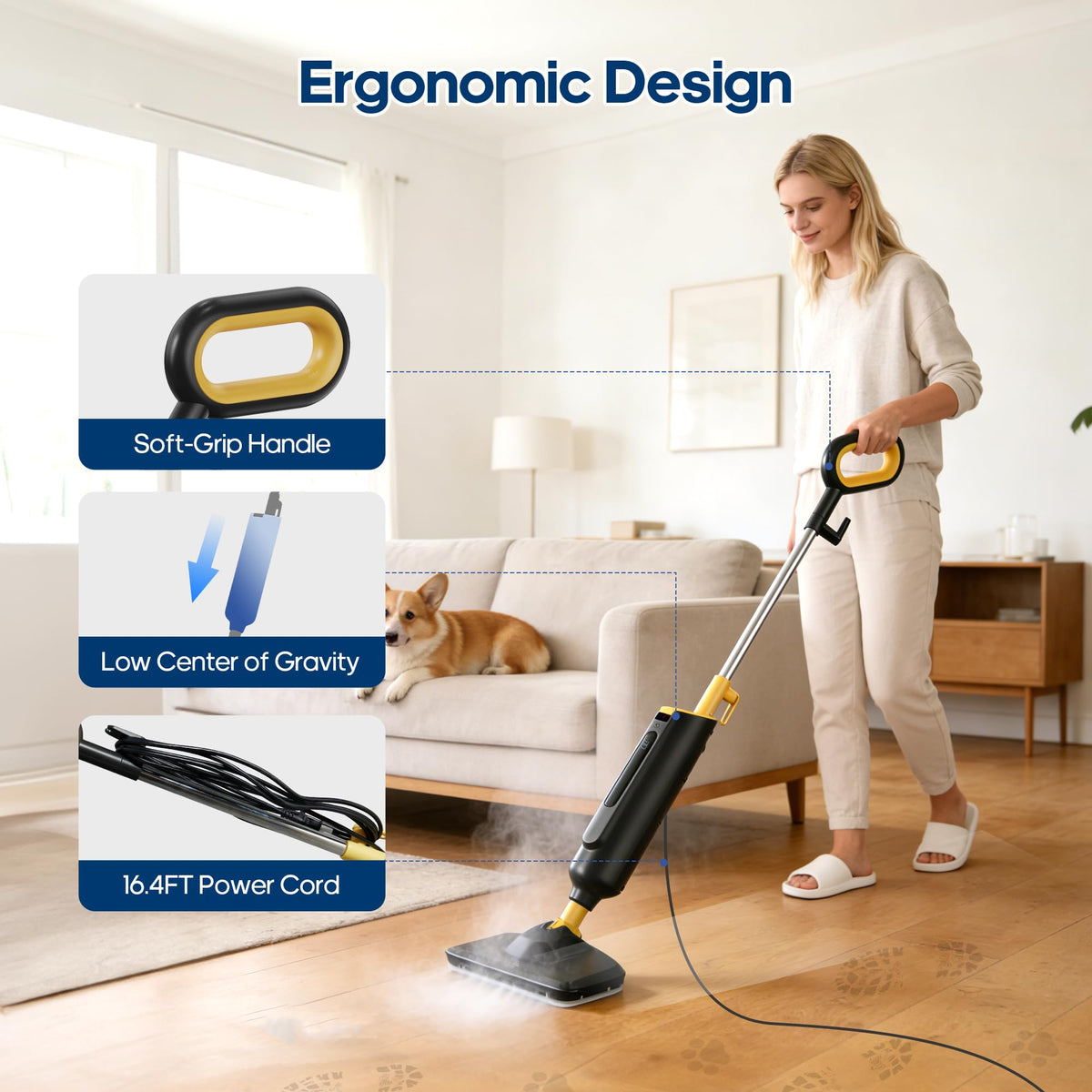 NEWBULIG Steam Mop measuring cup included for precise refills.