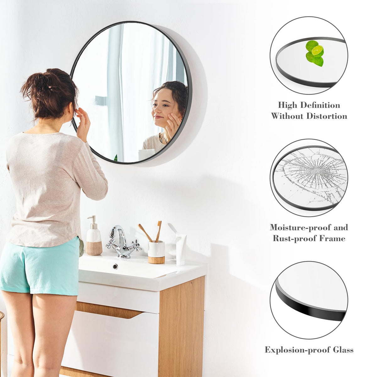 Tempered glass surface by NEWBULIG for sharp, distortion-free vanity reflections.