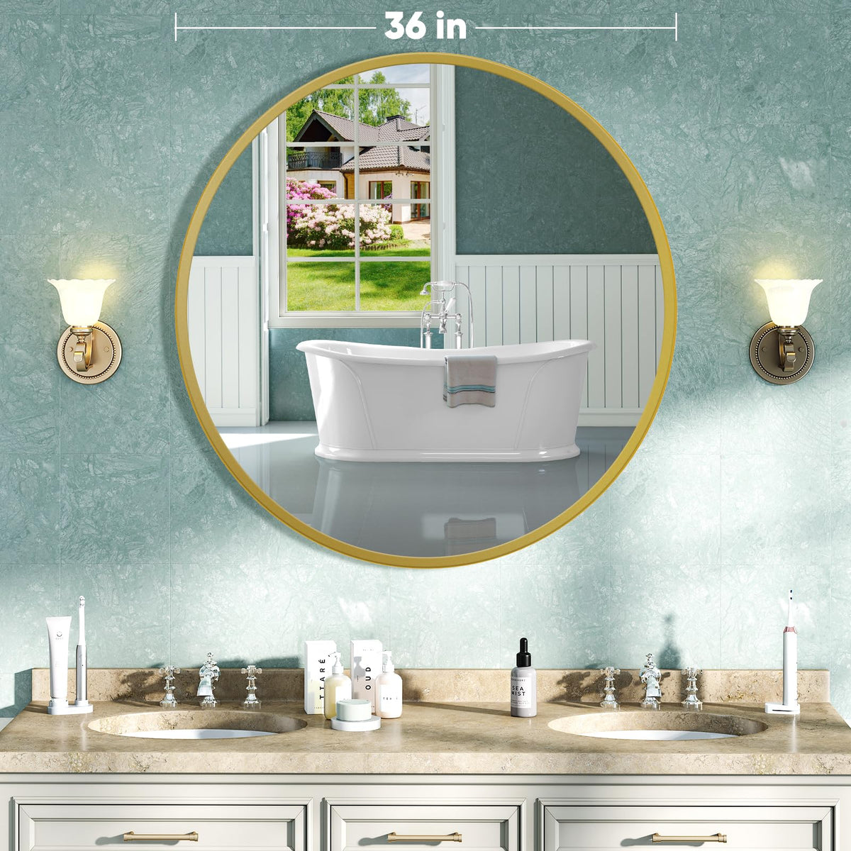 NEWBULIG 36-inch wall-mounted round mirror in matte gold frame for modern bathrooms