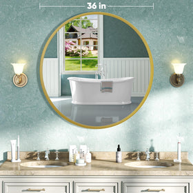 NEWBULIG 36-inch wall-mounted round mirror in matte gold frame for modern bathrooms
