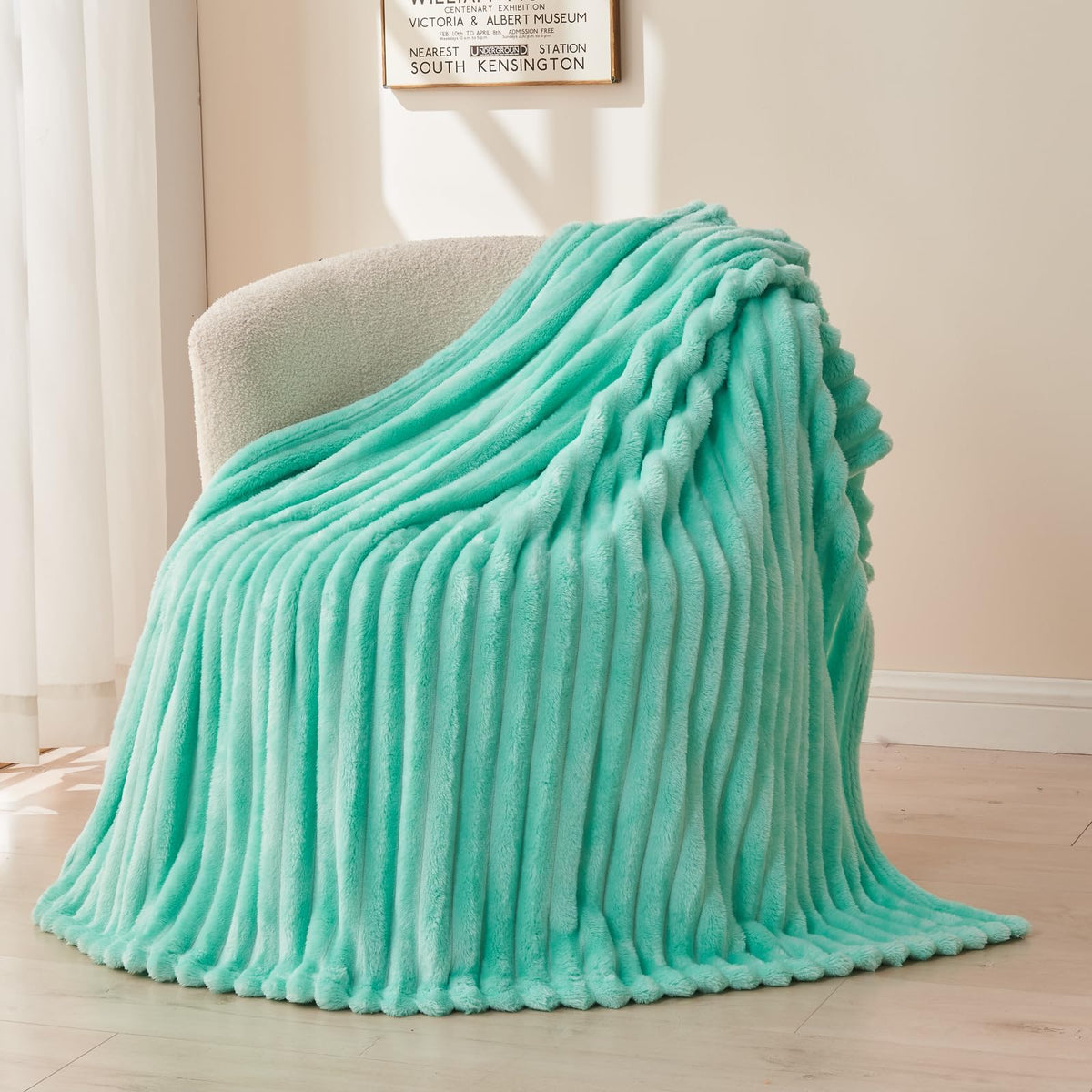 Newcosplay Aqua Ribbed Throw Blanket front view showing soft microfiber texture and color