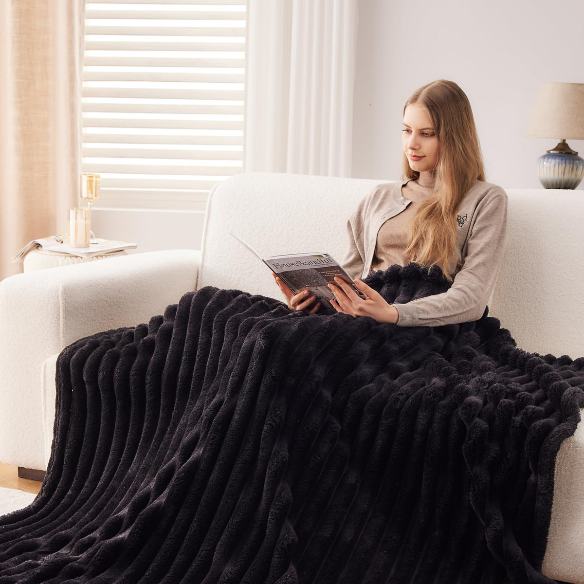 NewCosplay black ribbed twin blanket close-up shows silky fleece softness and comfort