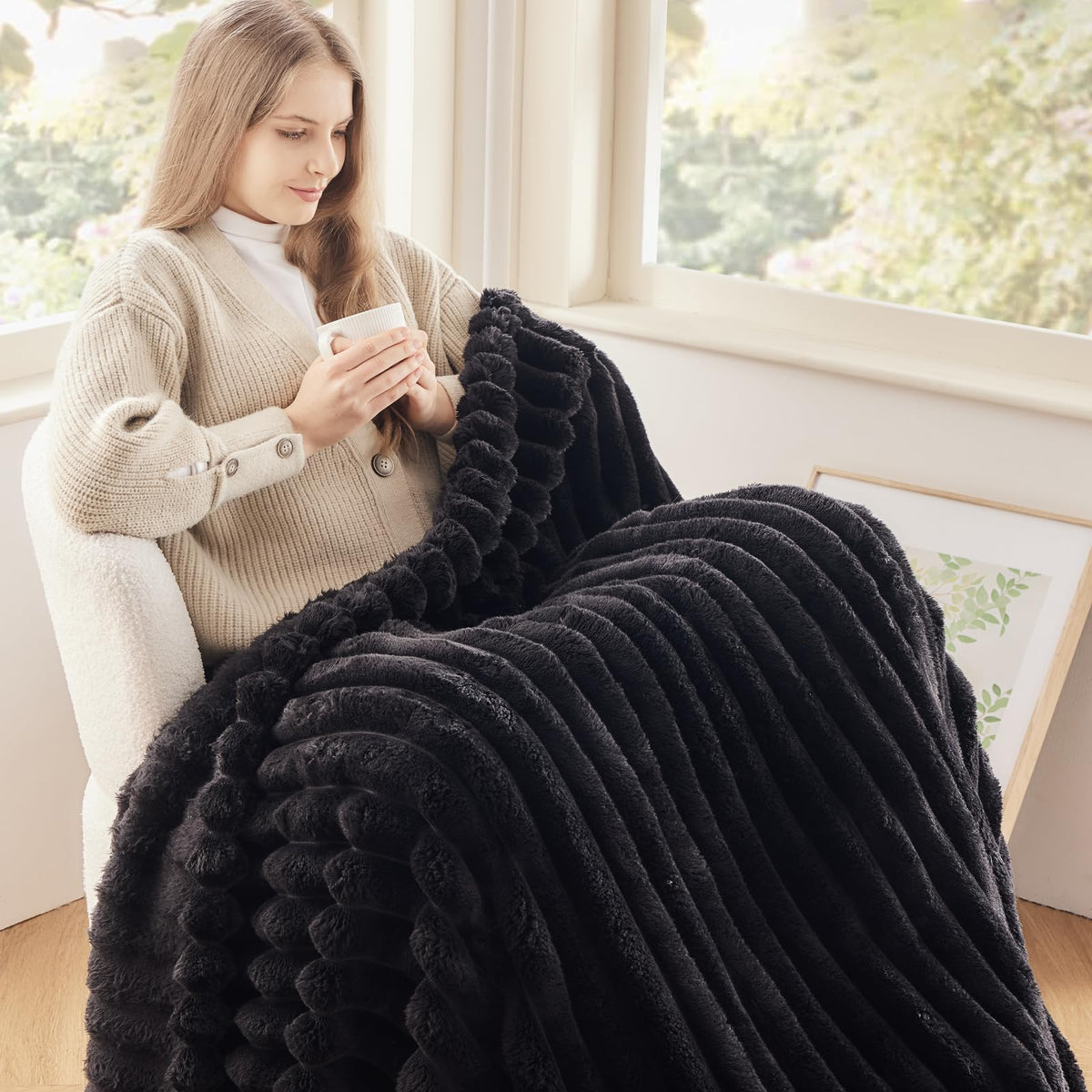 NewCosplay black ribbed twin blanket folded neatly for compact, ready-to-use storage
