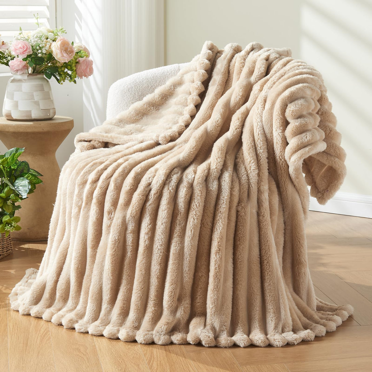 NEWCOSPLAY brown ribbed 3D jacquard twin blanket folded for warmth.
