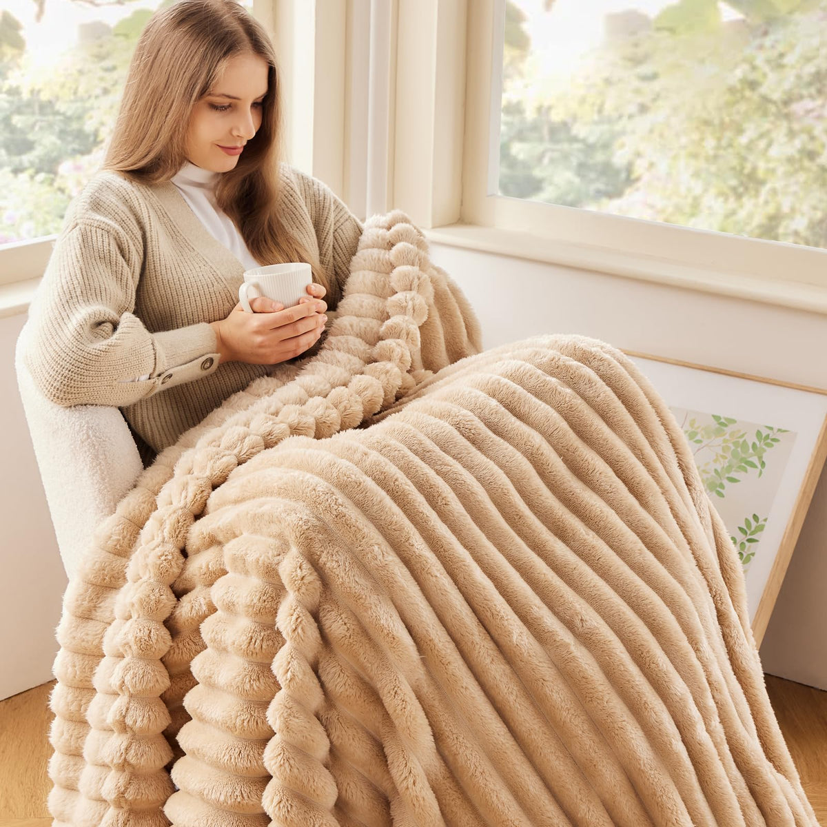 NEWCOSPLAY brown ribbed 3D jacquard twin blanket on bed adds cozy decor.