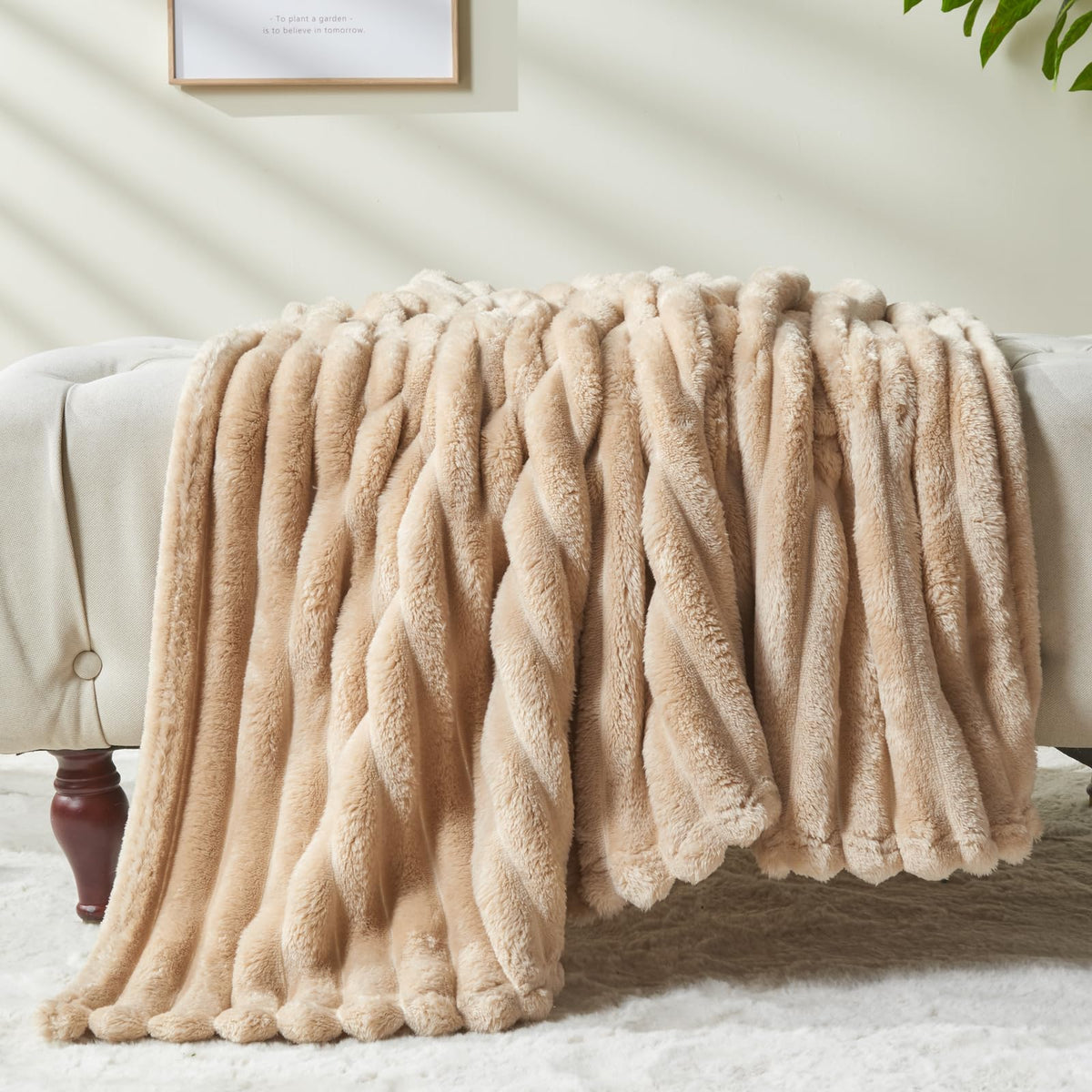 NEWCOSPLAY brown ribbed twin blanket draped over sofa for warmth.